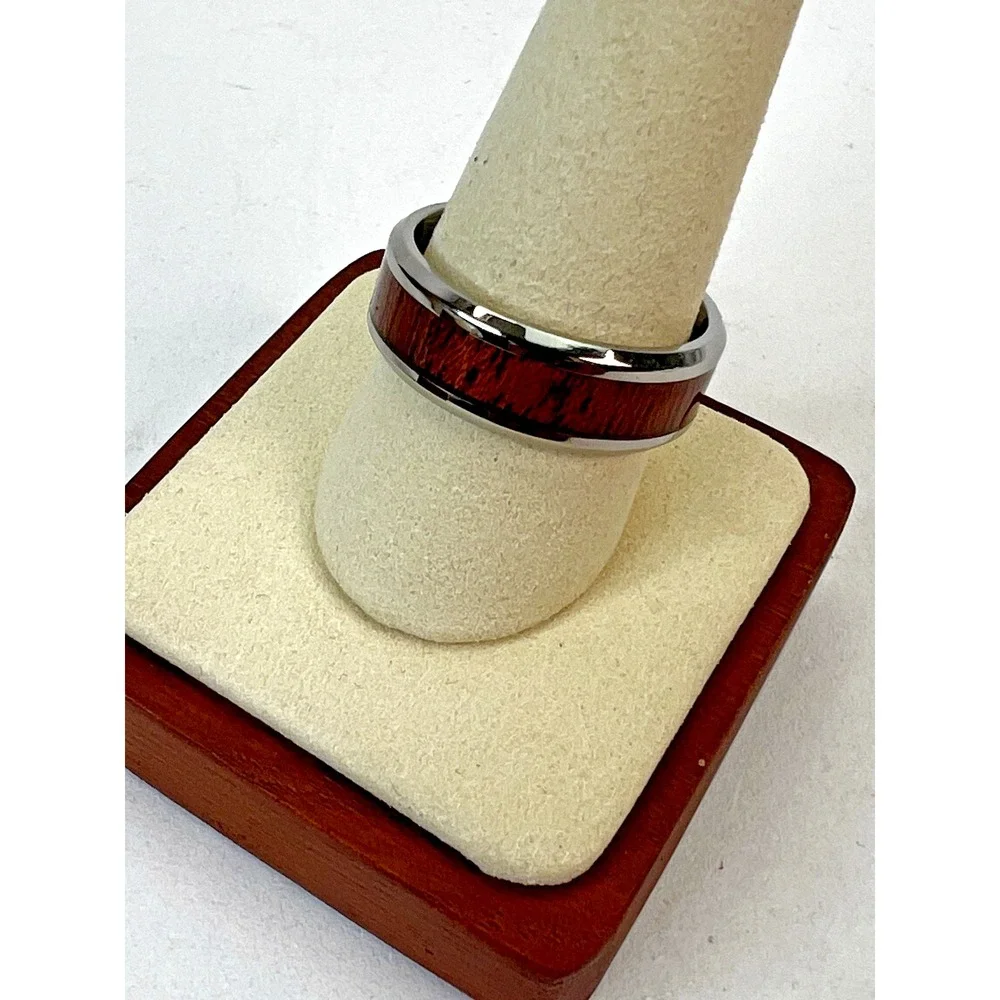 Thorsten Wedding Ring Melia Mahogany Wood Inlaid Titanium Polished 8mm‎ Size 10